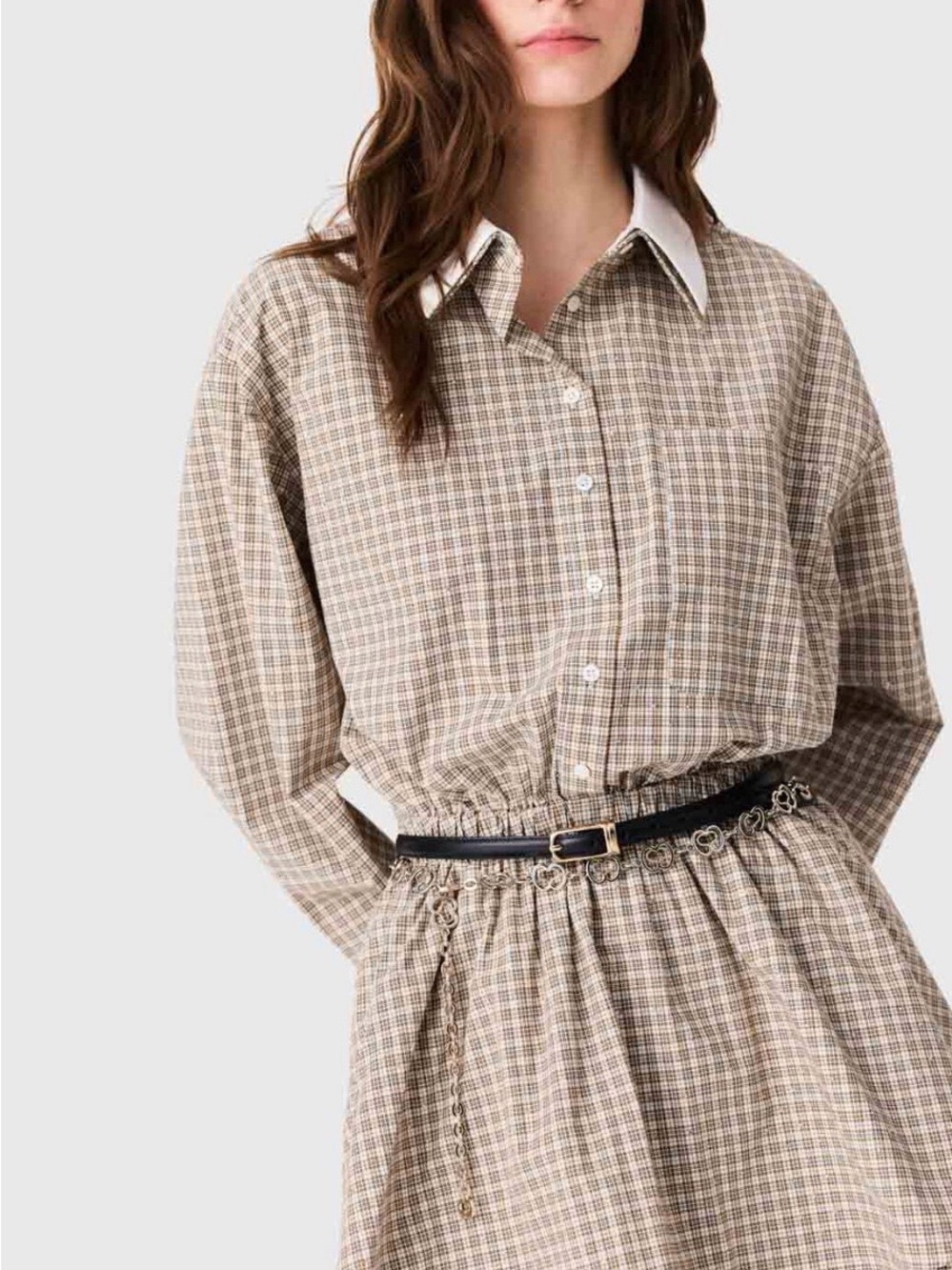 MajeRitilou Beige Plaid Button-Front Women's Top with Contrast Collar 3